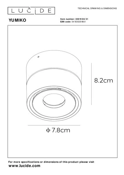 Lucide YUMIKO - Spot plafond - Ø 7,8 cm - LED Dim. - 1x10W 2700K - Blanc - technique